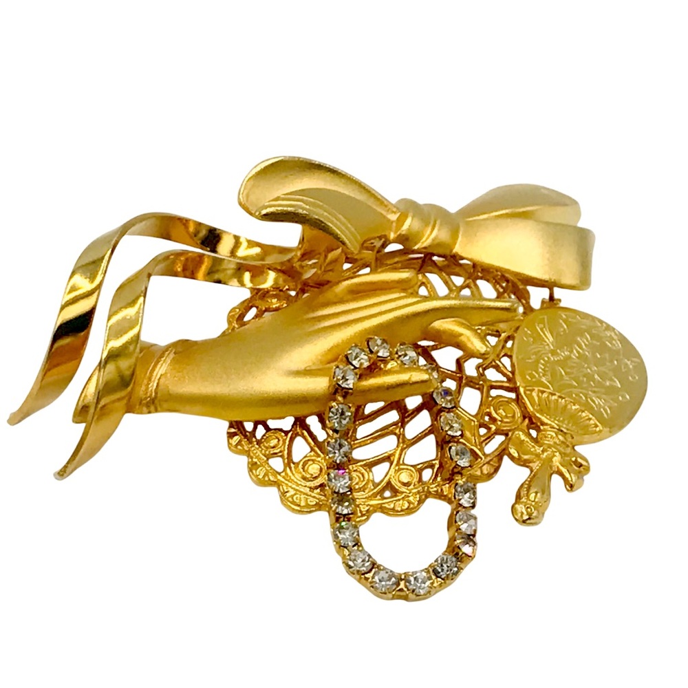 Vintage-Inspired Gold Vanity Hand Rhinestone Necklace Mirror Bow Filigree Brooch